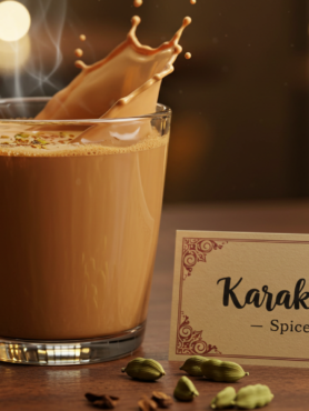 A steaming cup of homemade Karak Chai with rich spices