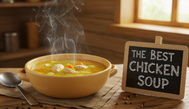 Hearty chicken and vegetable soup served in a bowl.