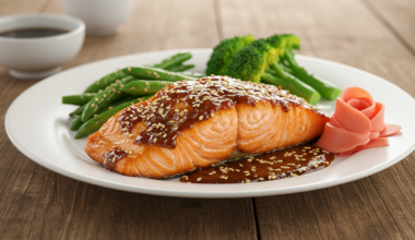 "Perfectly baked miso-glazed salmon fillet with sesame seeds and green onions on a plate"
