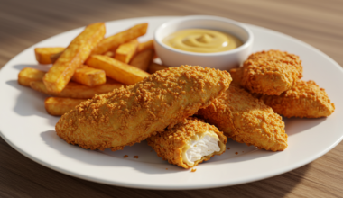 Crispy golden-brown chicken tenders fresh from the fryer.