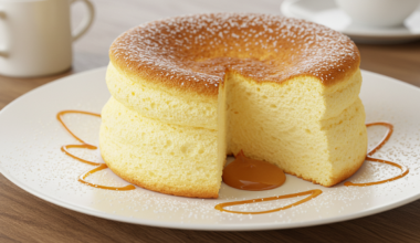 Jiggly Japanese cheesecake with powdered sugar topping