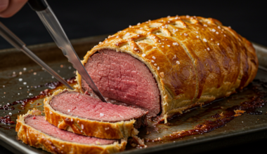 Sliced Beef Wellington with golden puff pastry and tender beef inside.
