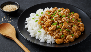 A bowl of sesame ground chicken with rice and vegetables