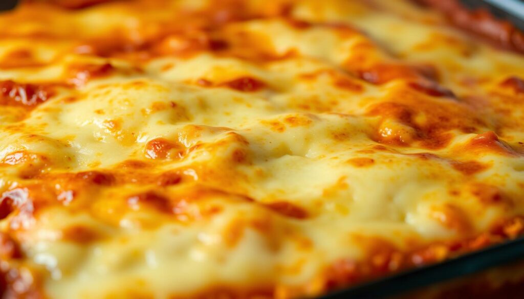 Baked lasagna with golden cheese top