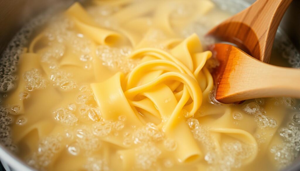 Cooking lasagna noodles in a large pot of boiling water