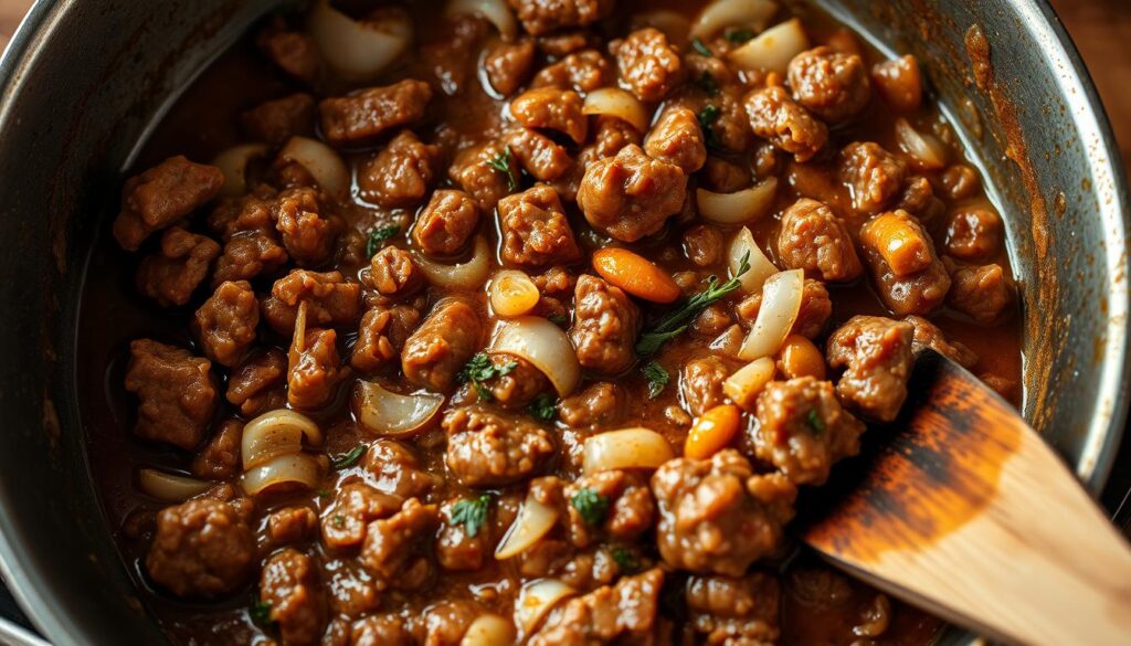 Cooking meat sauce for easy lasagna recipe