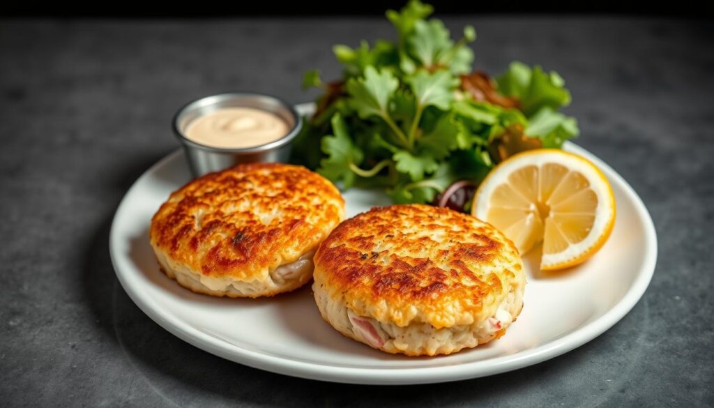 Crab cakes served with remoulade sauce, lemon wedges, and a side salad Crab cakes served with remoulade sauce, lemon wedges, and a side salad