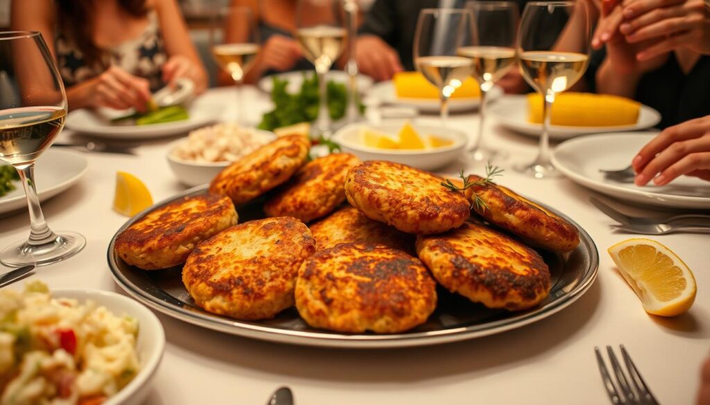 Finished crab cakes being served at a dinner table with wine and side dishes Finished crab cakes being served at a dinner table with wine and side dishes