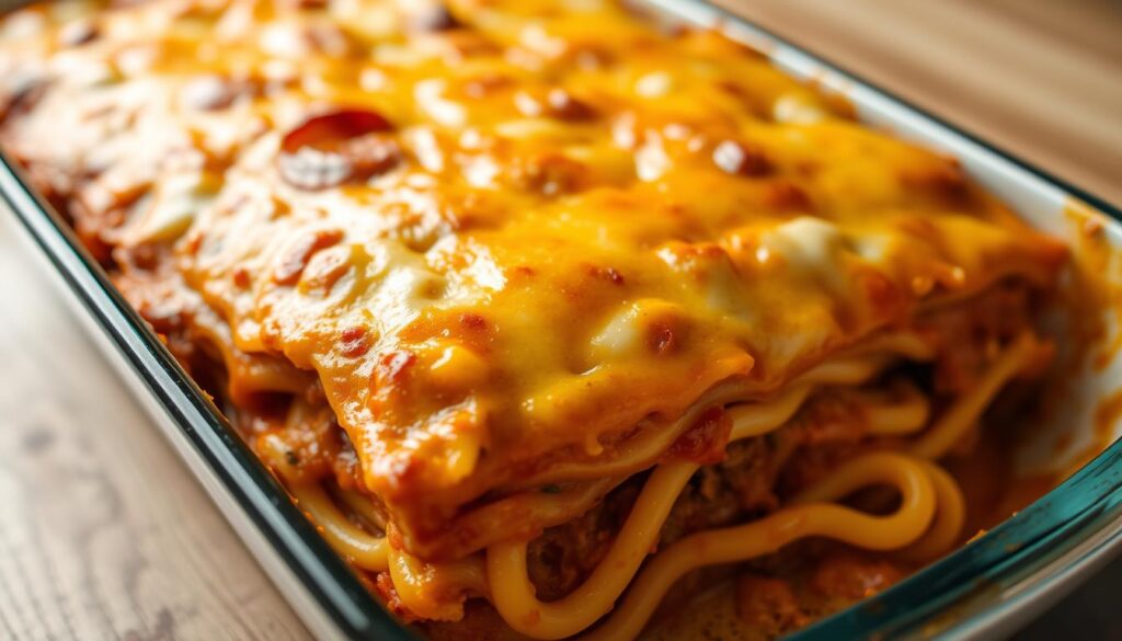 Finished easy lasagna recipe with golden cheese top and visible layers