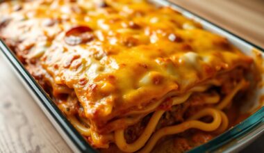Finished easy lasagna recipe with golden cheese top and visible layers