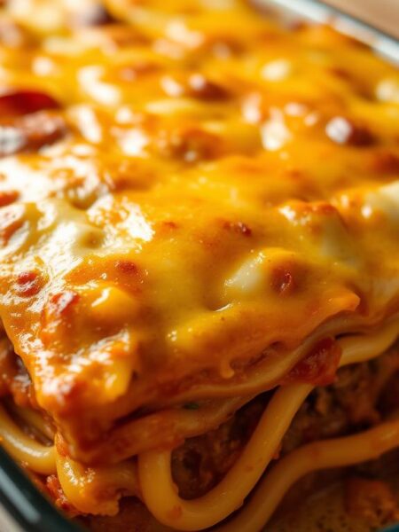 Finished easy lasagna recipe with golden cheese top and visible layers