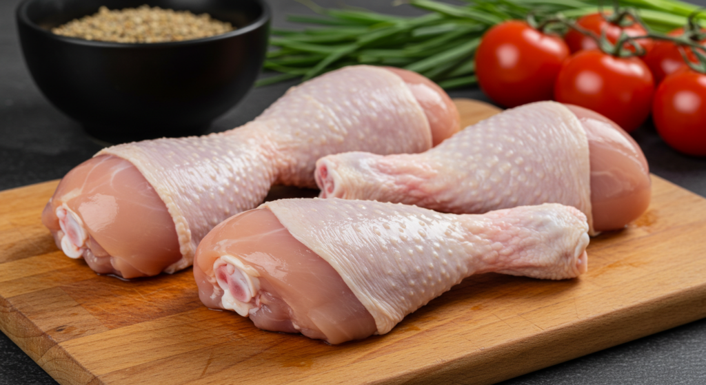 step-by-step chicken preparation Chicken drumsticks on parchment with fresh herbs and lemon