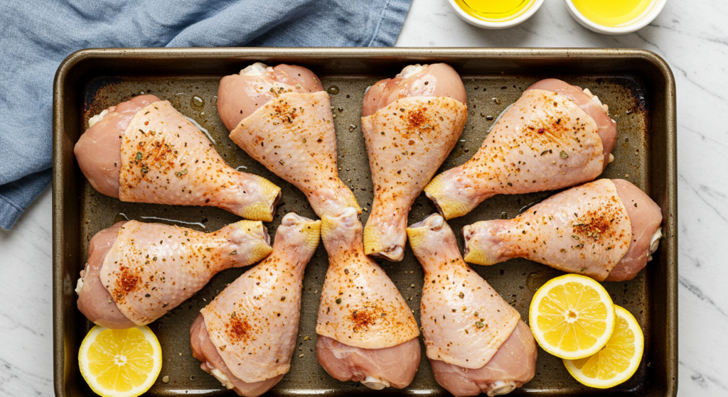 Seasoned drumsticks resting on a wire rack after baking