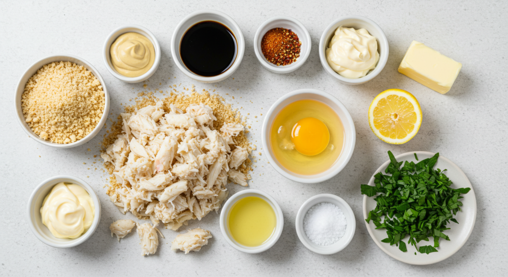 Ingredients for crab cakes recipe laid out on a kitchen counter