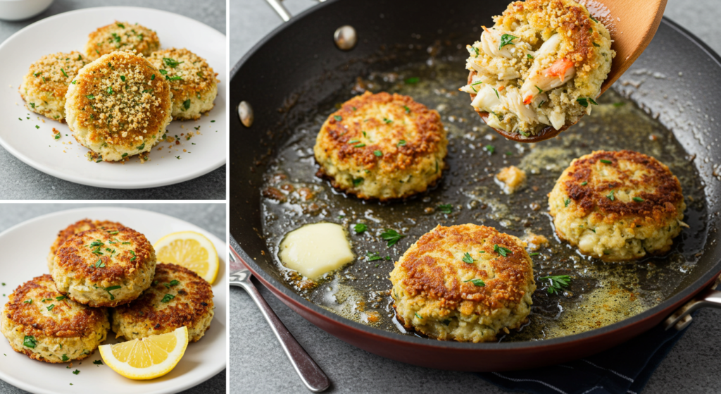 Crab cakes being pan-fried in a skillet