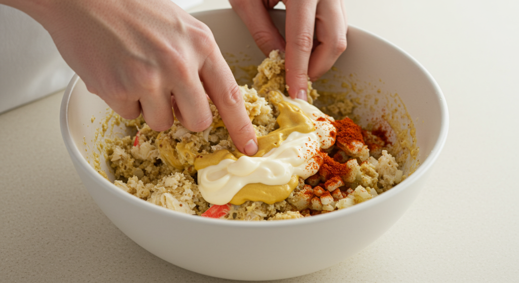 Mixing crab cake ingredients in a bowl without breaking up the crab meat