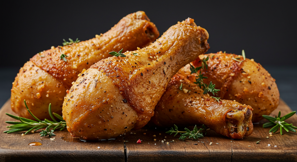 Freshly baked drumsticks served on a rustic wooden board