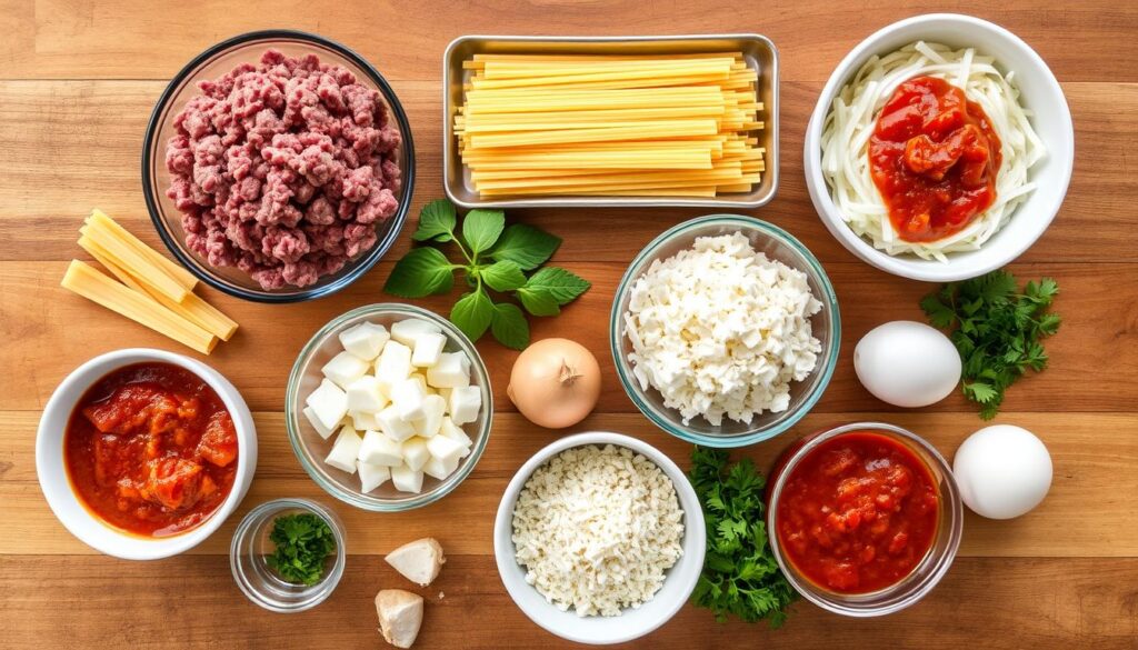 Ingredients for easy lasagna recipe laid out on a counter