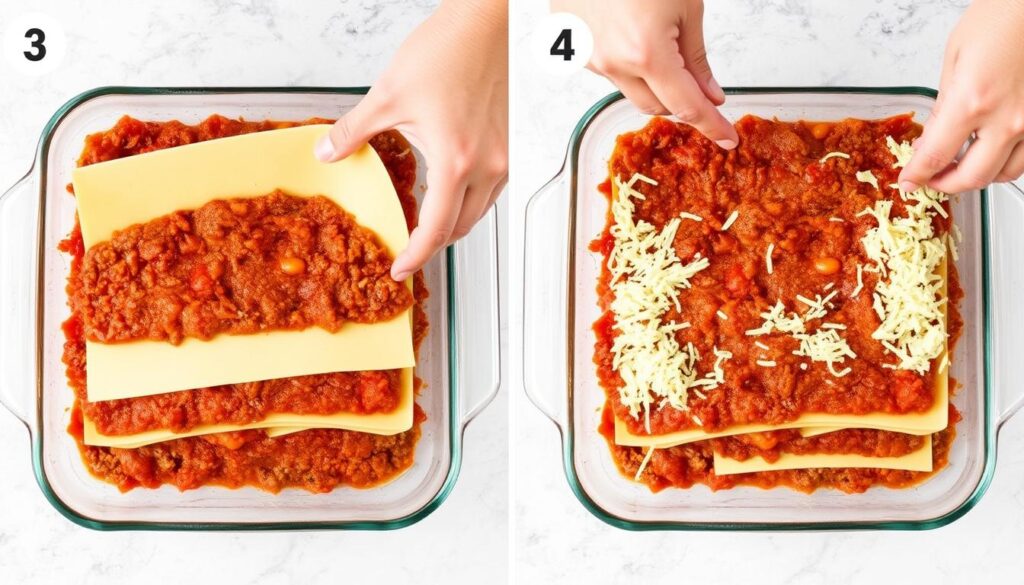 Layering lasagna in a baking dish