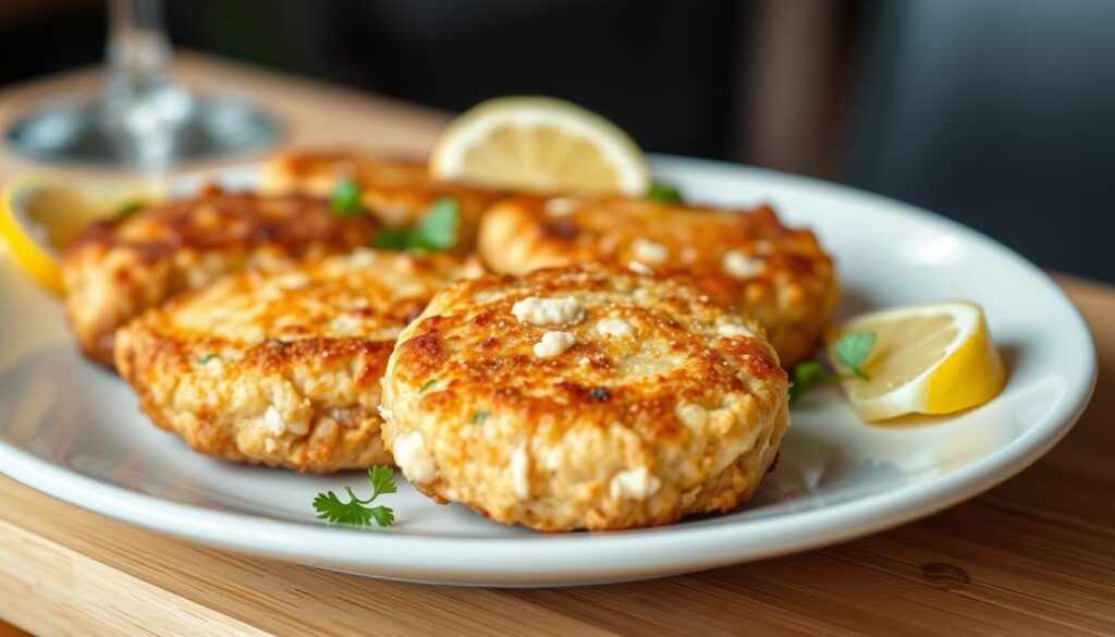 Maryland-style crab cakes with lemon wedges and fresh parsley garnish