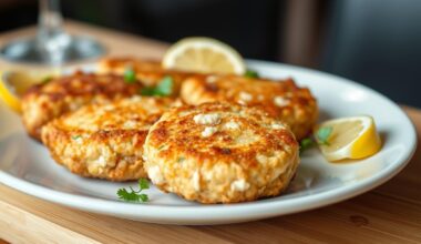 Maryland-style crab cakes with lemon wedges and fresh parsley garnish