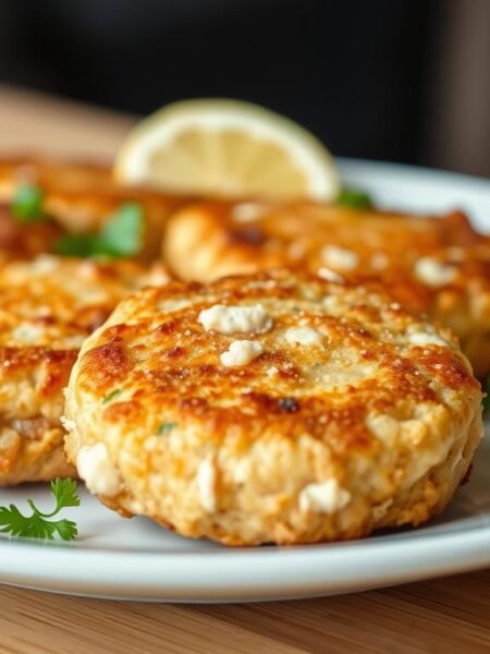 Maryland-style crab cakes with lemon wedges and fresh parsley garnish