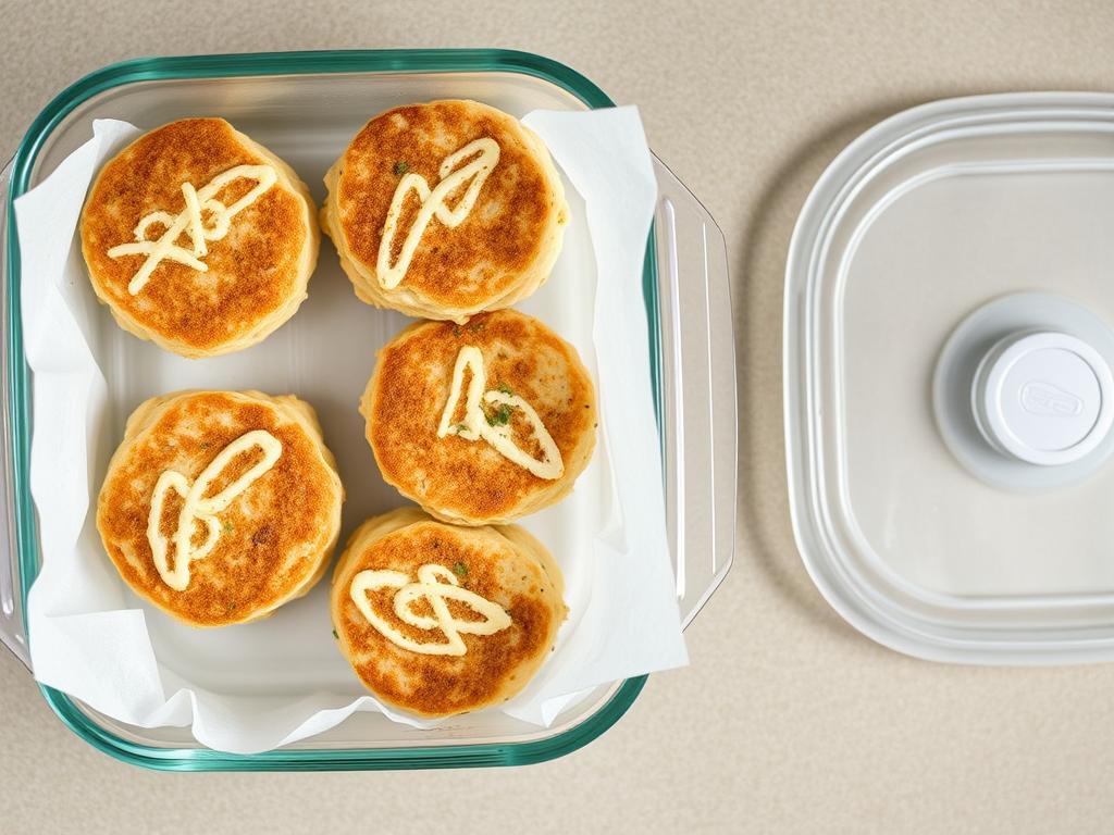 Properly stored crab cakes in an airtight container with parchment paper between layers Properly stored crab cakes in an airtight container with parchment paper between layers