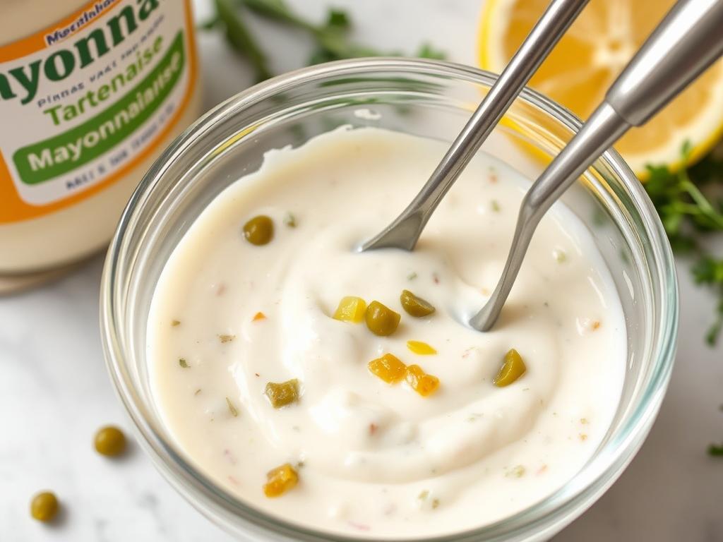 Quick homemade tartar sauce being prepared in a small bowl Quick homemade tartar sauce being prepared in a small bowl