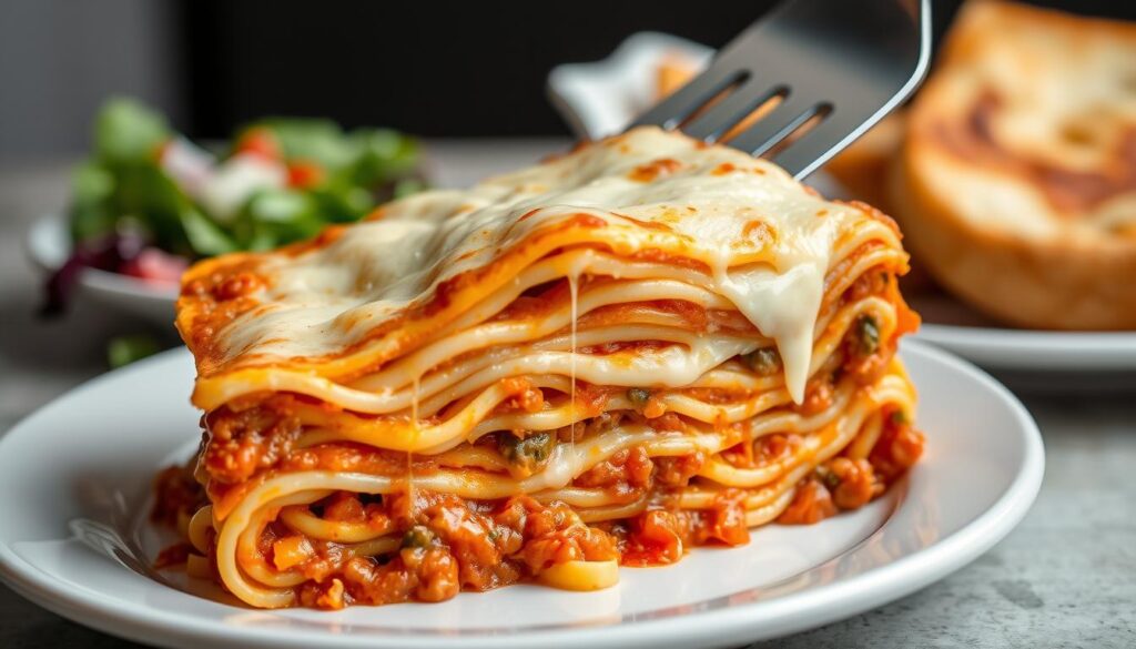 Slice of easy lasagna recipe on a plate ready to serve