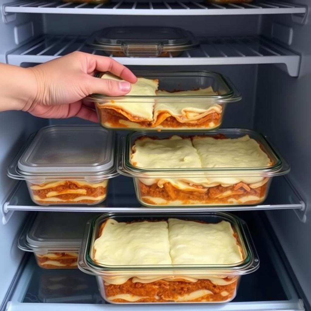 Storing leftover lasagna in refrigerator containers